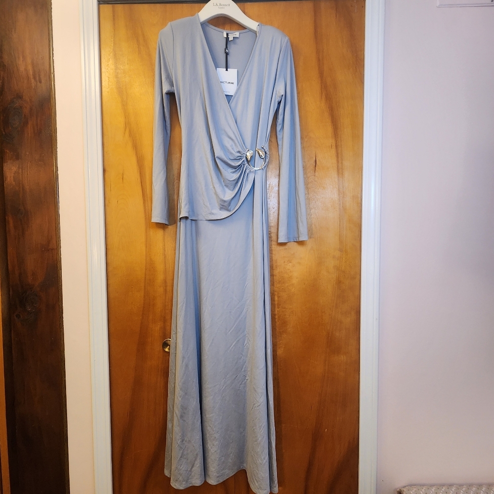 Nocturne Women's Double Breasted Dress w Accessory Detail, Silver, Size L $279